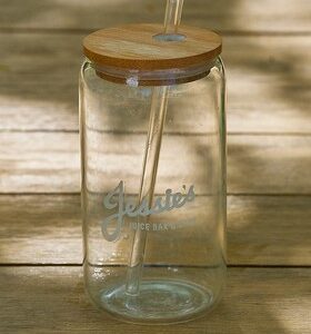 16oz Glass with bamboo lid, stainless steel straw + cleaner